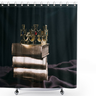 Personality  Ancient Golden Crown With Gemstones On Books On Black Cloth Shower Curtains