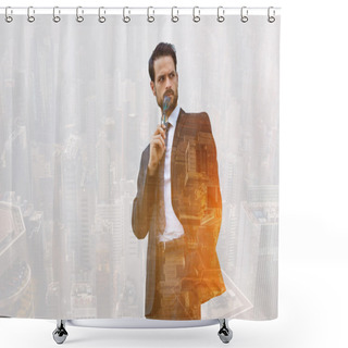 Personality  Double Exposure Of A Businessman With Angry Face Is Looking Away, While Is Standing Near Copy Space For Your Advertising Text Message Or Promotional Content.  Shower Curtains