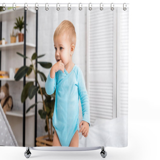 Personality  Adorable Baby Putting Finger In Mouth And Standing On Bed In Nursery Room Shower Curtains