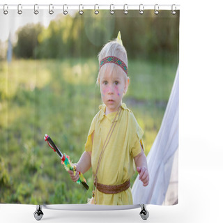 Personality  Cute Portrait Of Native American Boys With Costumes, Playing Outdoor In The Park With Hatchet On Sunset, Summertime Shower Curtains
