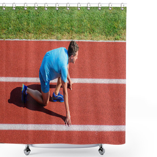 Personality  Man Athlete Stand Low Start Position At Stadium Path. Beginning Of New Lifestyle Habit. Runner Ready To Go. Athlete Runner Prepare To Race At Stadium. How To Start Running. Running Tips For Beginners Shower Curtains