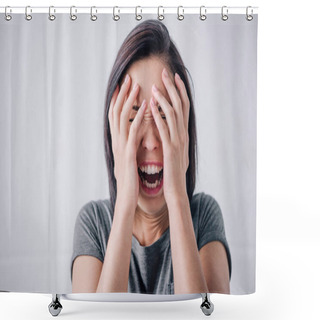 Personality  Upset Lonely Brunette Woman Covering Face With Hands At Home Shower Curtains