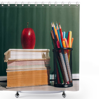 Personality  Ripe Apple On Books And Pen Holder With Color Pencils And Felt Pens On Desk Near Green Chalkboard Shower Curtains