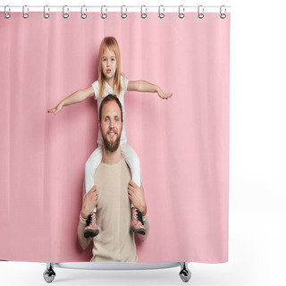 Personality  Blonde Beautiful Girl With Outstretched Arms Having A Rest On Her Father S Shoulder Shower Curtains