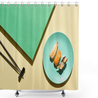 Personality  Top View Of Fresh Nigiri With Salmon, Shrimp And Eel Near Chopsticks On Green And Yellow Surface Shower Curtains