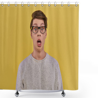 Personality  Surprised Young Man In Casual Comfortable Attire And Glasses Looking At Camera With Open Mouth Shower Curtains