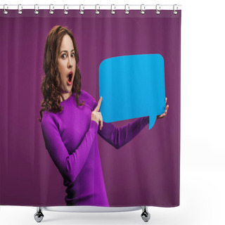 Personality  Shocked Woman Holding Speech Bubble On Purple Background Shower Curtains