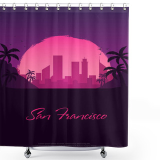 Personality  Vintage Poster With Old Car. Sunset At The California. Palms And City Landscape. Vector Illustration. Shower Curtains