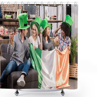 Personality  Multiethnic Friends Celebrating Saint Patrick Day At Home And Holding Irish Flag Shower Curtains