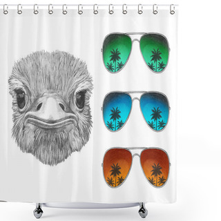 Personality  Funny Sketch Portrait Of Ostrich And Set Of Three Aviator Sunglasses With Reflection Of Palm Trees, Isolated On White Shower Curtains
