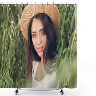 Personality  Portrait Of Attractive Brunette Girl In Straw Hat Posing Near Willow Tree Shower Curtains