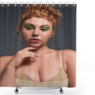 Personality  Headshot Of Thoughtful Red Haired And Curvy Woman In Beige Lingerie Touching Chin On Dark Grey Shower Curtains