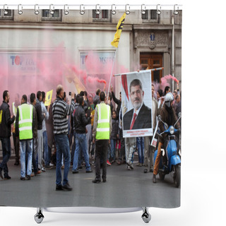 Personality  Egyptian Pro-Morsi Protesters Take Part In A Demonstration On Apr.25, 2014 In Paris, France. Mohamed Morsi Served As The Fifth President Of Egypt, From June 2012 To July 2013 Shower Curtains