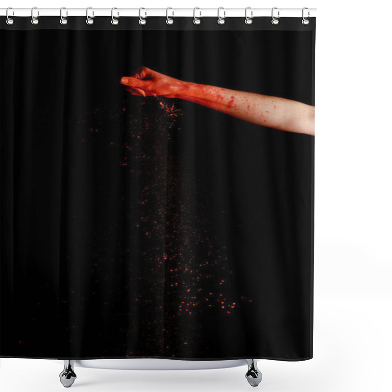 Personality  female hand with red colorful holi paint powder on black background shower curtains