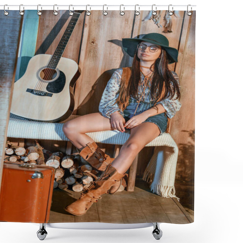 Personality  Woman Sitting On Bench In Wooden House Shower Curtains
