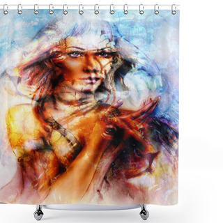 Personality  Painting Mighty Lion Head On Ornamental Background And Mystic Woman Face, Computer Collage. Shower Curtains