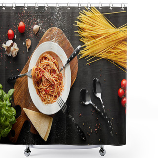 Personality  Top View Of Tasty Bolognese Pasta In White Plate Near Ingredients And Cutlery On Black Wooden Background Shower Curtains