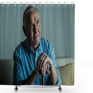 Personality  Senior Sad Man Leans On A Cane While Sitting On Sofa Shower Curtains