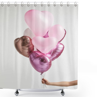 Personality  Cropped View Of Girl Holding Heart-shaped Pink Air Balloons Isolated On White Shower Curtains