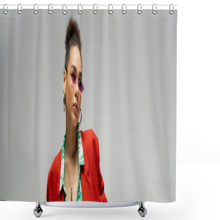 Personality  Stylish African American Woman In  Pink Sunglasses And Trendy Vibrant Attire Posing On Grey, Banner Shower Curtains