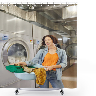 Personality  Cheerful Young Asian Woman Holding Basin With Clothes Near Washing Machines In Public Laundry Shower Curtains