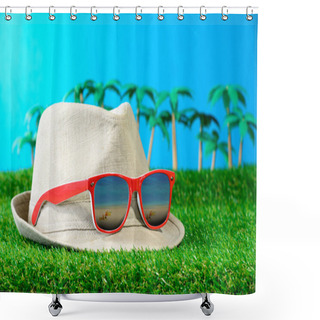 Personality  Hat With Sunglasses On Grass Shower Curtains