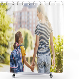 Personality  Parent And Pupil Of Primary School Go Hand In Hand. Woman And Girl With Backpack Behind The Back. Beginning Of Lessons. First Day Of Fall. Shower Curtains