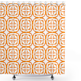 Personality  Textile Ready Mind-blowing Print, Swimwear Fabric, Wallpaper, Wrapping. Orange Adorable Boho Chic Summer Design. Watercolor Ikat Repeating Tile Border. Ikat Repeating Swimwear Design. Shower Curtains