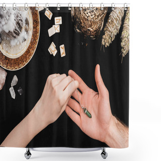 Personality  Top View Of Witch Touching Amulet On Hand Of Man Near Runes, Wax On Candle And Skull On Black  Shower Curtains