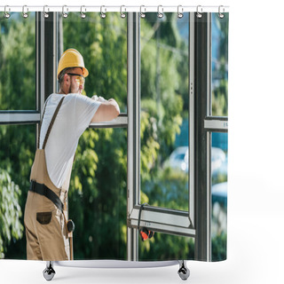 Personality  Construction Worker Protective Helmet And Googles Resting And Looking At Windows Shower Curtains
