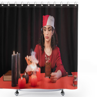 Personality  Gypsy Medium Holding Tarot Card Near Blurred Candles On Table On Black  Shower Curtains