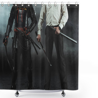 Personality  Cropped Shot Of Modern Man And Samurai With Katana Swords On Black Shower Curtains