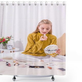 Personality  Young Woman Applying Lipstick On Bed At Home And Looking At Mirror Shower Curtains