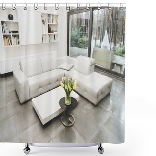 Personality  View Of Empty Living Room With White Sofa And Bouquet Of Flowers On Coffee Table Shower Curtains