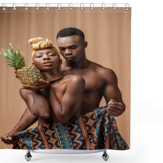 Personality  Sexy Naked Tribal Afro Woman Covered In Blanket Posing With Pineapple Near Man On Beige Shower Curtains