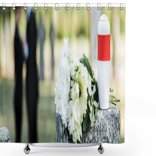 Personality  Panoramic Shot Of White Flowers And Cemetery Urn On Tombstone Shower Curtains