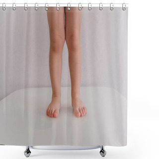 Personality  Low Section Of Baby Boy In Diaper Standing Isolated On Blue Background Shower Curtains