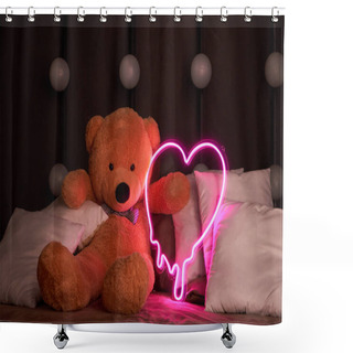 Personality  Valentine's Day 14 February Concept, Gift Romantic Background. Declaration Of Love, Congratulations On The Holiday Or Anniversary. Brown Teddy Bear Lies In Pillows And Holds A Neon Pink Heart.  Shower Curtains