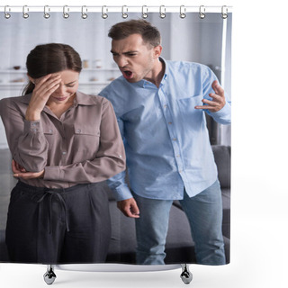 Personality  Aggressive Man In Shirt Screaming At Scared Wife At Home Shower Curtains