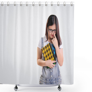 Personality  Awkward Girl Looking Sideways On White Shower Curtains