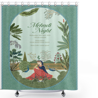 Personality  Traditional Indian Mughal Wedding Card Design. Invitation Card For Mehedi Night Printing Vector Illustration. Shower Curtains