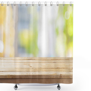 Personality  Empty Wooden Table  Over Abstract Bokeh Background Shower Curtains