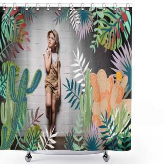 Personality  Pensive Child In Safari Costume Standing At White Wall With Cactuses Illustration Shower Curtains