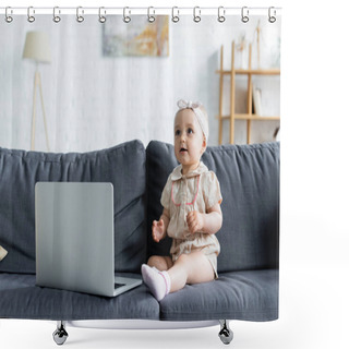 Personality  Toddler Kid Looking Away Near Laptop On Couch  Shower Curtains