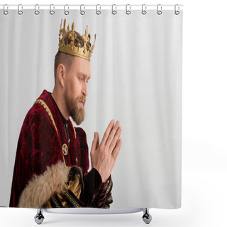 Personality  Side View Of King With Crown Praying Isolated On Grey  Shower Curtains