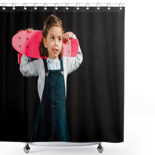 Personality  Portrait Of Cute Schoolchild Holding Pink Penny Board Isolated On Black Shower Curtains