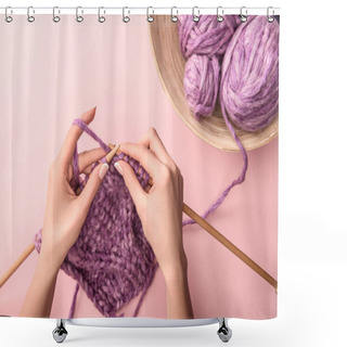 Personality  Partial View Of Woman Knitting Yarn On Pink Background Shower Curtains