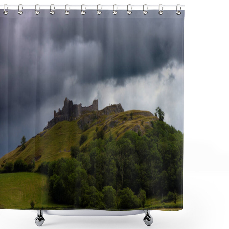 Personality  Carreg Cennen Castle On A Hill. Dramatic Sky. Wales, UK. Shower Curtains