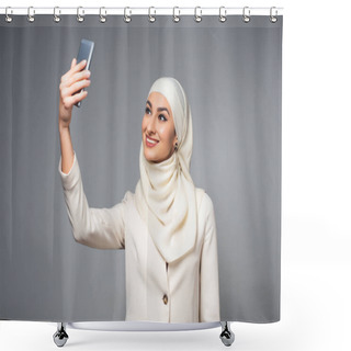 Personality  Beautiful Smiling Muslim Woman Taking Selfie With Smartphone Isolated On Grey   Shower Curtains