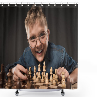Personality  Smiling Little Boy In Eyeglasses Playing Chess Isolated On Grey Background  Shower Curtains